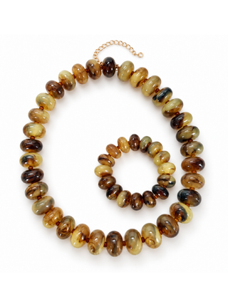 Bentley Marbled Necklace set with matching bracelet, glossy rounded resin beads in chartreuse, amber and brown swirls and gold-tone chain.