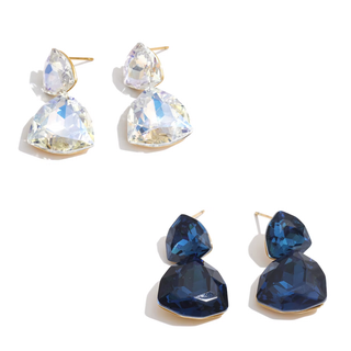 Prism Crystal Drop Earrings in iridescent clear and navy blue featuring two faceted geometric stones with gold-tone settings