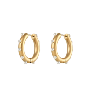 Sophie pearl hoop earrings in 18K gold-plated non-tarnish stainless steel with faux pearl accents, 30mm diameter, and secure hinged closure
