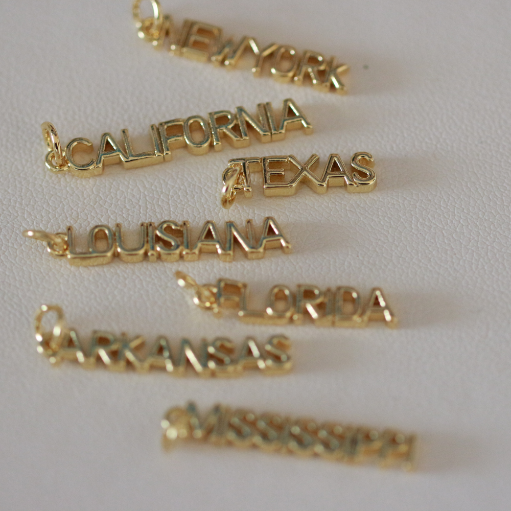 State Name Charm ~ 14k Gold Plated Brass Charm for Necklaces and Bracelets