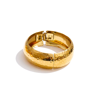 Hammered gold cuff bracelet 18K gold-plated stainless steel with polished hammered texture and hinged closure