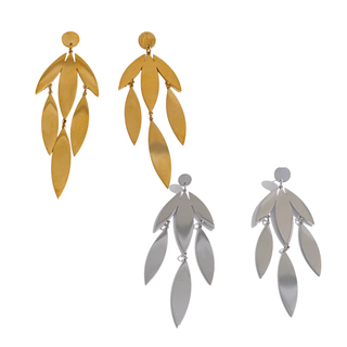 Four drop earrings with a leaf-like layered design, shown in two colorways: one pair in polished yellow gold and one pair in polished silver, on a plain white background.