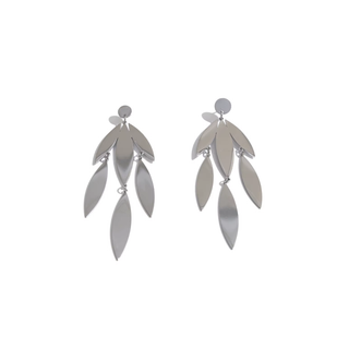 A pair of silver-toned dangle earrings with multiple overlapping leaf-shaped discs, shown against a plain white background.