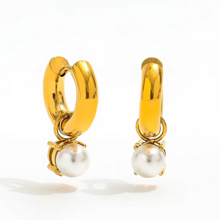 Lila Earrings ~ 18k PVD Gold-Plated Stainless Steel Huggies with Pearl Drop