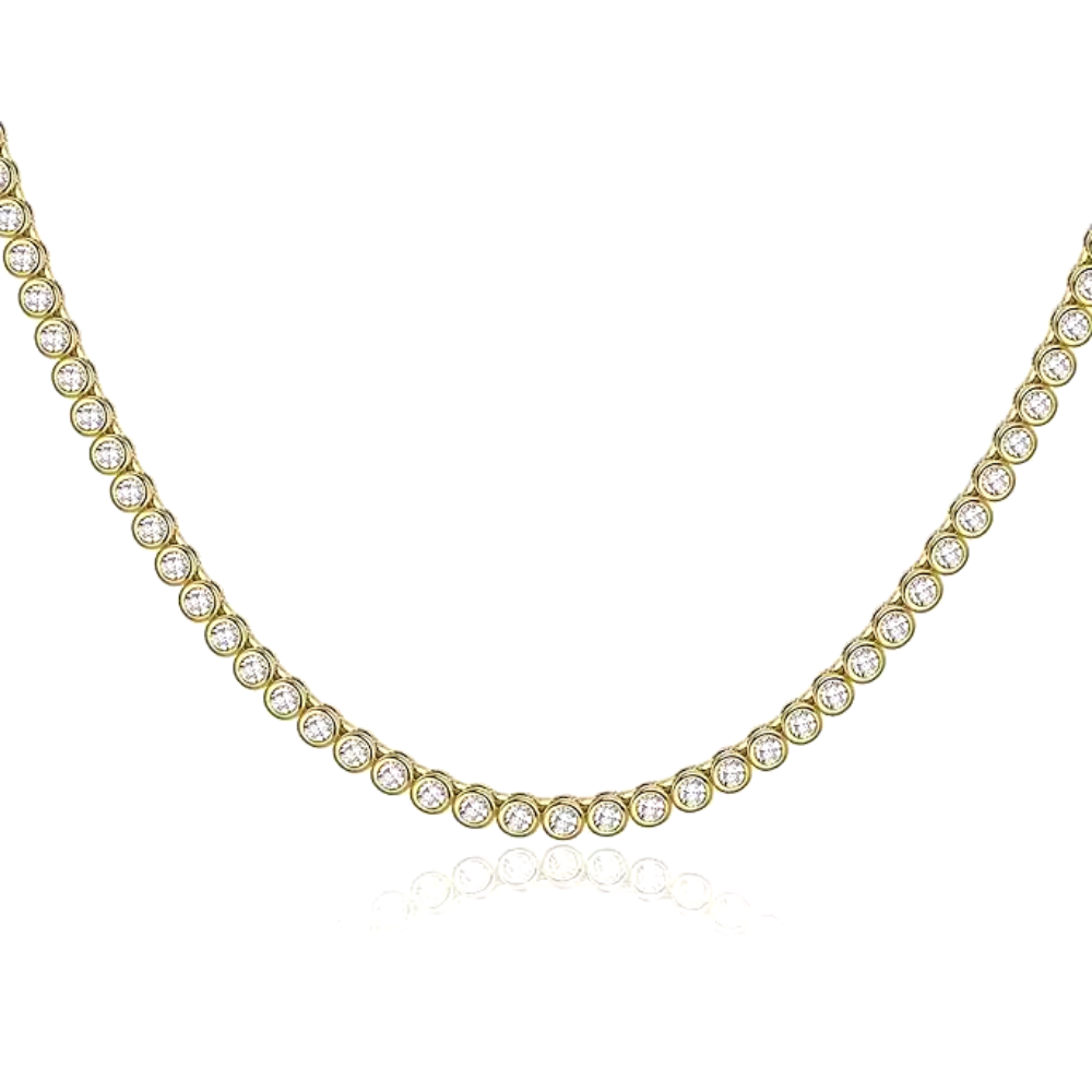 Bezeled CZ Tennis Necklace ~ 14k Gold-Plated Necklace with Cubic Zirconia Stones