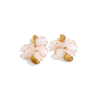 Blush Statement Earrings with soft floral petals and hammered gold accents, lightweight and feminine design ideal for spring and summer outfits