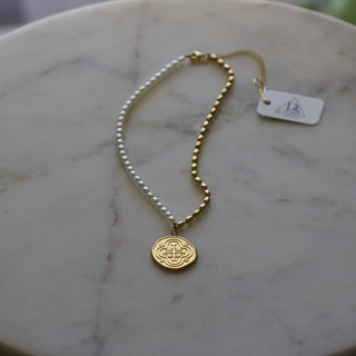 Solene Necklace – Gold & Pearl with Benedict Cross - 18k Stainless Steel