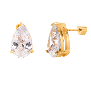Teardrop solitaire stud earrings with clear stone in polished gold setting and screw-back closure