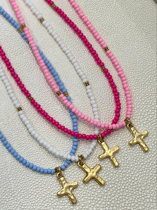 Colorful Czech seed bead necklace with 18K gold stainless steel accents and waterproof clasp, perfect for everyday and beach wear