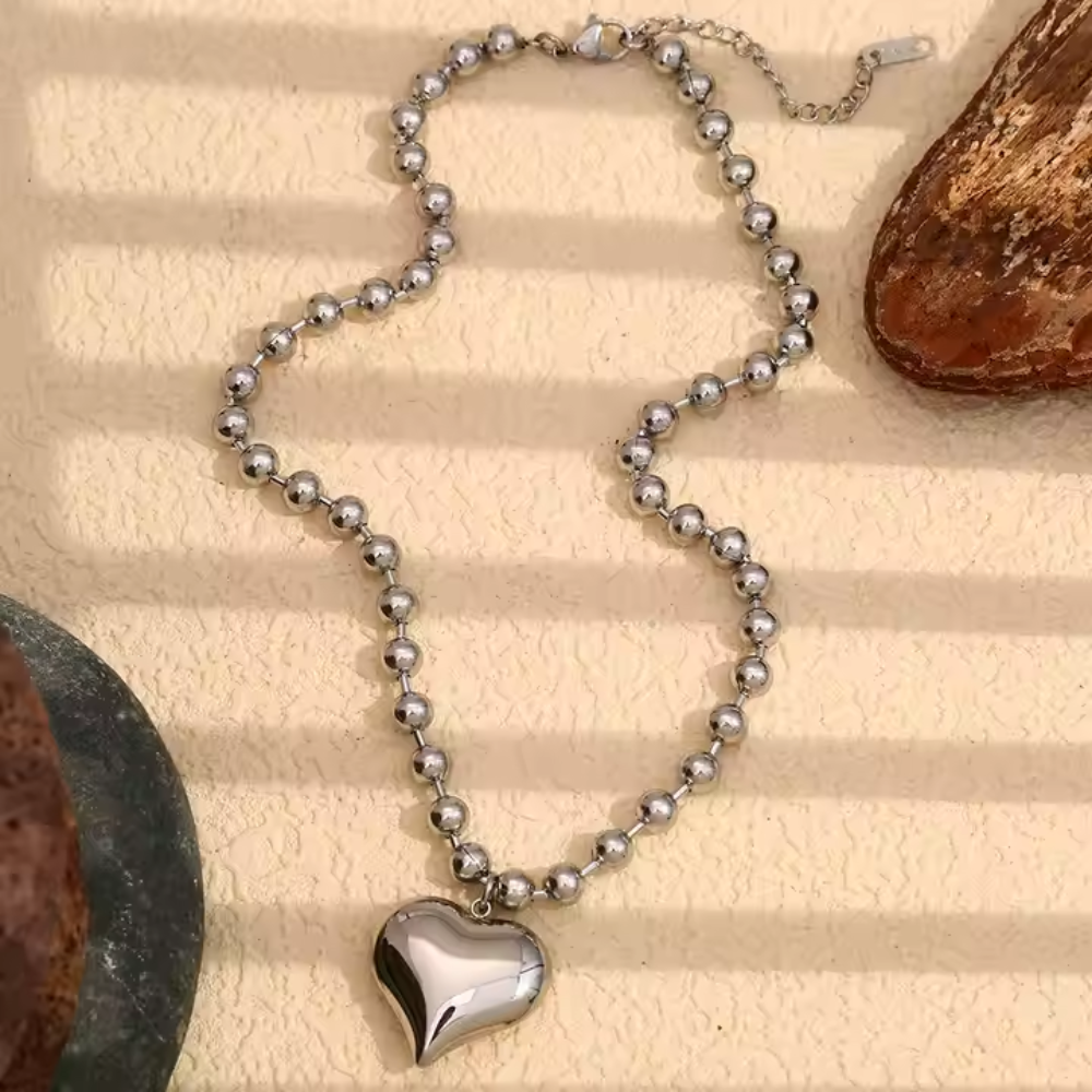 Beaded Heart Necklace ~ 18k Stainless Steel Necklace with Heart Pendan