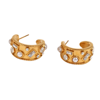 Pearl Crystal Hoop Earrings 18K Gold Non Tarnish Water Resistant
