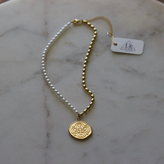 Solene Necklace – Gold & Pearl with Benedict Cross - 18k Stainless Steel