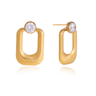 Polished gold Sloane Crystal Frame Earrings with ribbed open-frame design and clear crystal accent