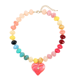Sutton Heart Beaded Necklace with glossy multi-color oval beads and bold coral heart pendant with gold-tone accents