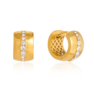 18K Gold Water-Resistant wide huggie hoop earrings in polished gold-tone metal with a row of clear stones