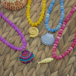 Colorful Coastal Charm Gemstone Necklace with gold-tone shell pendant and multi-colored beads for summer style