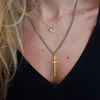 Elle Double Chain Cross Necklace 18k Gold Plated Non Tarnish Wheat Chain Two Tone