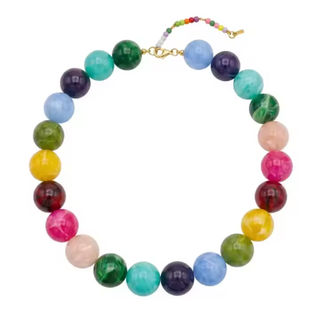 Poppy Confetti Beaded Necklace with oversized glossy multi-color beads in jewel tones and gold clasp