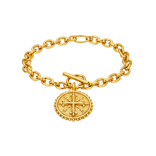 Heirloom Cross Toggle Bracelet in 18k gold plated stainless steel with vintage textured cross medallion and toggle clasp