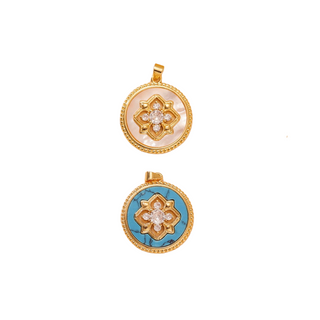 Floral Medallion Pendant Necklace Charm – Gold with Mother of Pearl or Turquoise