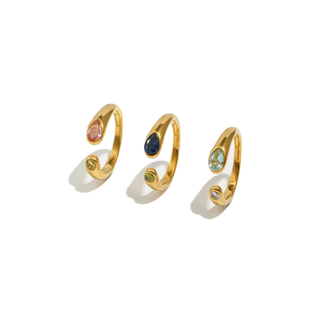 18K gold gemstone wrap ring with dual cubic zirconia accents, open adjustable design, non-tarnish and water-resistant finish