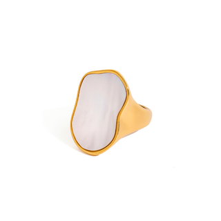 Gold Mother of Pearl Signet Ring with pearlescent face and polished stainless steel setting