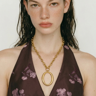 Halo pendant necklace with chunky gold link chain and polished open circle pendant in 18K gold non-tarnish finish