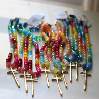 Multicolor gemstone beaded cross necklace with 18K gold-plated hammered cross and adjustable stainless steel clasp