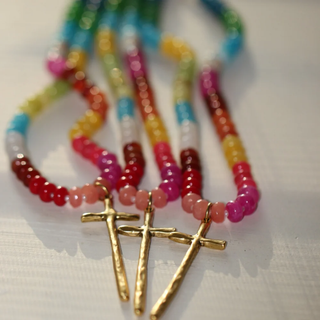 Multicolor gemstone beaded necklace with 18K gold hammered cross pendant and adjustable stainless steel clasp