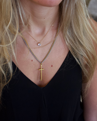Elle Double Chain Cross Necklace 18k Gold Plated Water Resistant Wheat Chain Two Tone