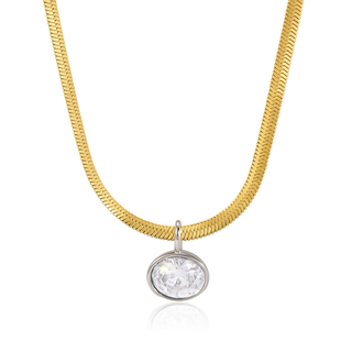 Two-tone stone necklace with gold herringbone chain and silver-tone clear oval pendant
