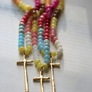 Multicolor Gemstone Beaded Cross Necklace – Gold Cross