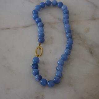 Coastal Blue Beaded Necklace with large 20mm blue beads and gold-tone push clasp closure