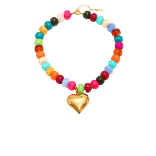 Colorful Poppy Heart Necklace with chunky resin beads and large gold heart pendant on white background