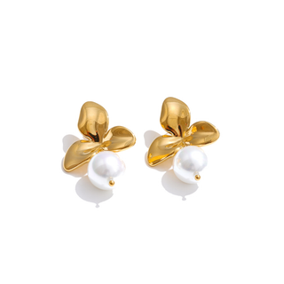 Gold-tone Margot Pearl Drop Earrings with floral design and classic white pearl drop accent