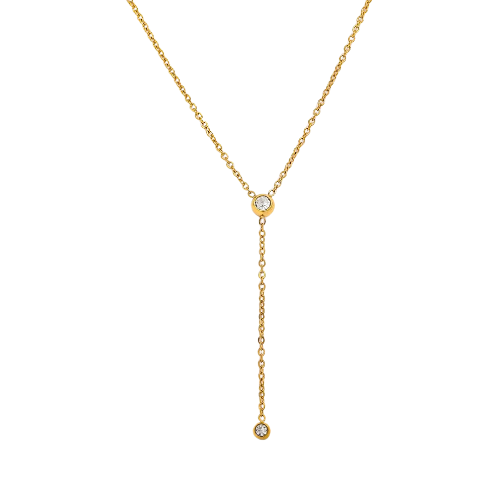 Dainty Cubic Zirconia Lariat Necklace ~ PVD Gold-Plated Stainless Steel