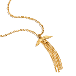 Gold 30-inch Swallow Bird Necklace with long chain fringe, 18K gold-plated slip-on style