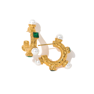Emerald Pearl Hoop Earrings with textured gold, pearl accents, and emerald green stones on 20mm stainless steel hoops