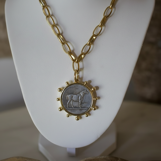 Gold-plated stainless steel Heritage Horse Coin Necklace with a vintage-inspired pendant featuring an engraved horse.