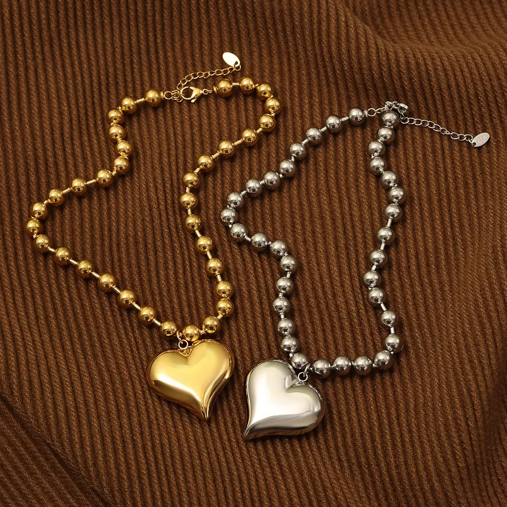 Beaded Heart Necklace ~ 18k Stainless Steel Necklace with Heart Pendan