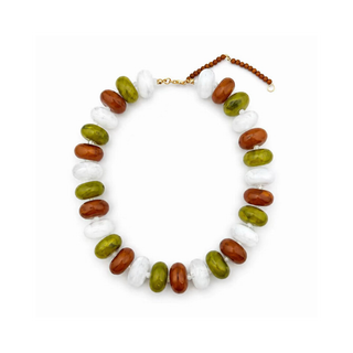 A beaded necklace featuring alternating translucent white beads, olive green beads, and warm brown beads, completed with a gold-tone clasp and extender chain on a plain white background.