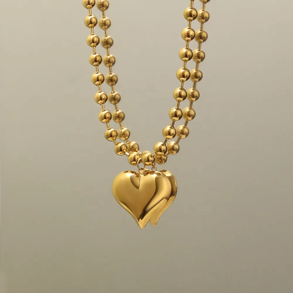 Beaded Heart Necklace ~ 18k Stainless Steel Necklace with Heart Pendan