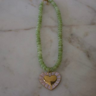 Olivia Heart Gemstone Necklace with green beads and gold heart pendant