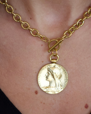 Roman Coin Medallion Toggle Necklace 18K Gold-Plated Non-Tarnish