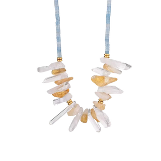 Coastal Quartz Statement Necklace with blue-toned gemstones, clear quartz accents, and gold-tone details on stainless steel hardware
