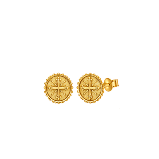 Heirloom Cross Stud Earrings 18K gold plated stainless steel with raised cross and beaded border medallion design
