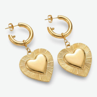 18K gold-plated textured heart drop earrings with non-tarnish finish