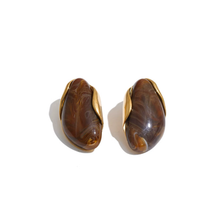 Marbella Sculptural Earrings in warm brown and caramel marbled resin with polished gold-tone accents and post closure