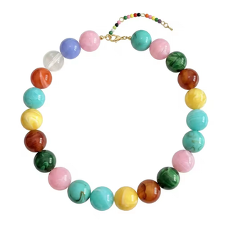 Colorful Poppy Candy Beaded Necklace with oversized glossy beads in turquoise, pink, yellow, green, amber, lavender, and clear tones and gold-tone clasp