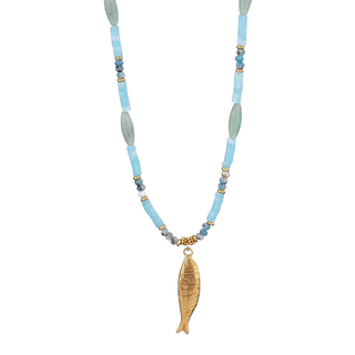 Marina Fish Gemstone Necklace with goldfish pendant and blue, aqua, gray, pearl-style gemstones on 16-inch chain with extender